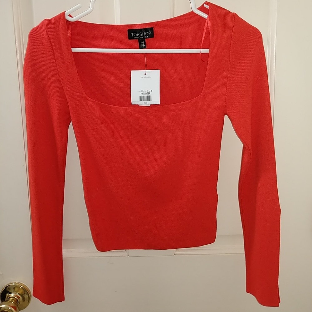 Red crop square neck sweater